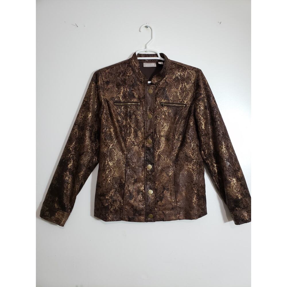 (S5) Y2K Chico's Womens Bomber Jacket Size 0 (S) Metallic Mobwife Office Siren - Picture 1 of 5